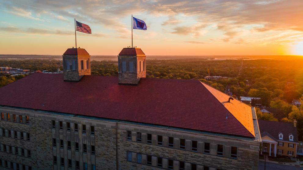 Aerial view of the top of KU's Fraser Hall