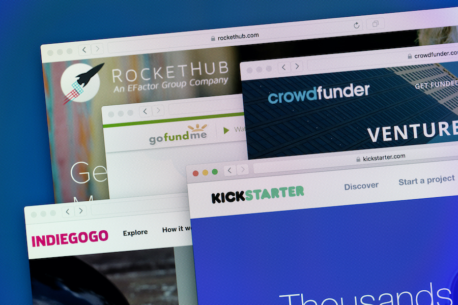 Screenshots of crowdfunding sites RocketHub, CrowdFunder, IndieGoGo and Kickstarter
