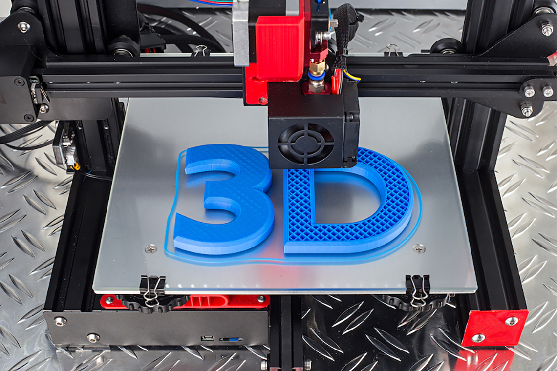 Rendering of a 3-D printer printing "3D" figures