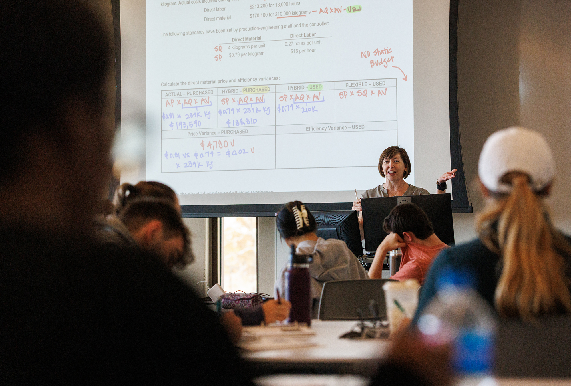 An accounting lecturer gestures while standing in front of a projection screen with students facing her in the foreground.