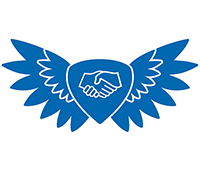 Blue Wings – Networking badge icon showing a white icon of hands shaking against a blue background