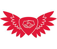 Crimson Wings – Networking badge icon showing a white icon of hands shaking against a red background