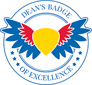 Dean&#039;s Badge of Excellence showing a yellow crest with red and blue wings inside a circle