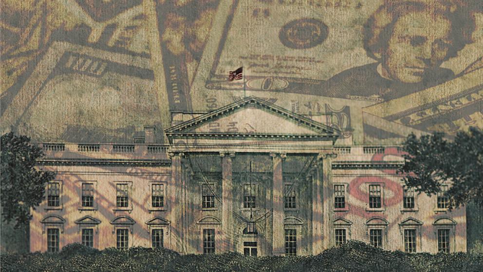 Rendering of an image of the White House with images of U.S. dollars overlaid