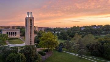 View of the Campanile and Marvin Grove at sunsett