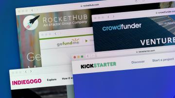 Screenshots of crowdfunding websites Crowdfunder, Indiegogo, Kickstarter
